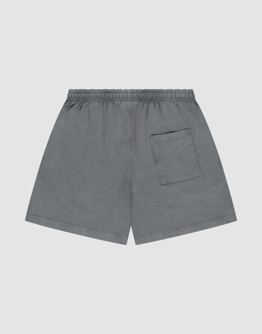 The LIVE FAST DIE YOUNG Basic Sweat Shorts in gray feature an elastic waistband, single back patch pocket, and oversized fit, shown flat on a light gray background.