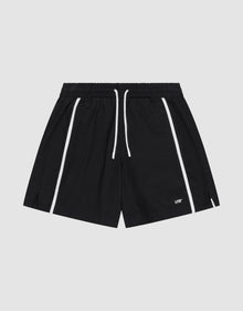 The Basic Cotton Shorts by LIVE FAST DIE YOUNG are black, Regular Fit athletic shorts with white stripes, a white drawstring, small side slits, and a bold "LDT" logo print near the left hem. | plain