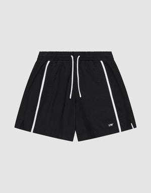 The Basic Cotton Shorts by LIVE FAST DIE YOUNG are black, Regular Fit athletic shorts with white stripes, a white drawstring, small side slits, and a bold "LDT" logo print near the left hem. | plain