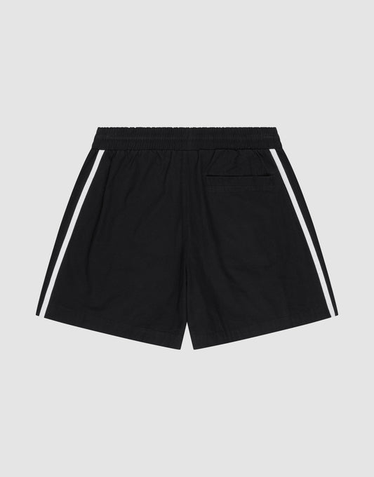 Basic Cotton Shorts by LIVE FAST DIE YOUNG: black regular fit with elastic waistband, white side stripes, single back pocket, subtle logo print on Baumwolle. Shown on a plain light gray background.