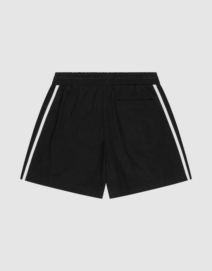 Basic Cotton Shorts by LIVE FAST DIE YOUNG: black regular fit with elastic waistband, white side stripes, single back pocket, subtle logo print on Baumwolle. Shown on a plain light gray background.