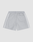 LIVE FAST DIE YOUNG Basic Cotton Shorts in light gray, regular fit, 100% Baumwolle, with an elastic waistband, right back pocket, white side stripes, and a subtle logo print. Displayed flat against a plain background.