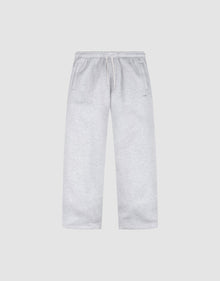 The Basic Wide Jogger by LIVE FAST DIE YOUNG features a light grey color, oversized fit, elastic waistband with drawstring, and side pockets, shown laid flat on a plain white background. | plain