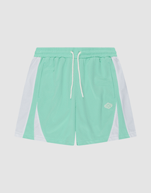 LIVE FAST DIE YOUNG Striped Mesh Shorts in mint green polyester feature white side panels, an elastic waistband with a white drawstring, and a small embroidered logo patch on the left leg, shown against a plain white background. | plain