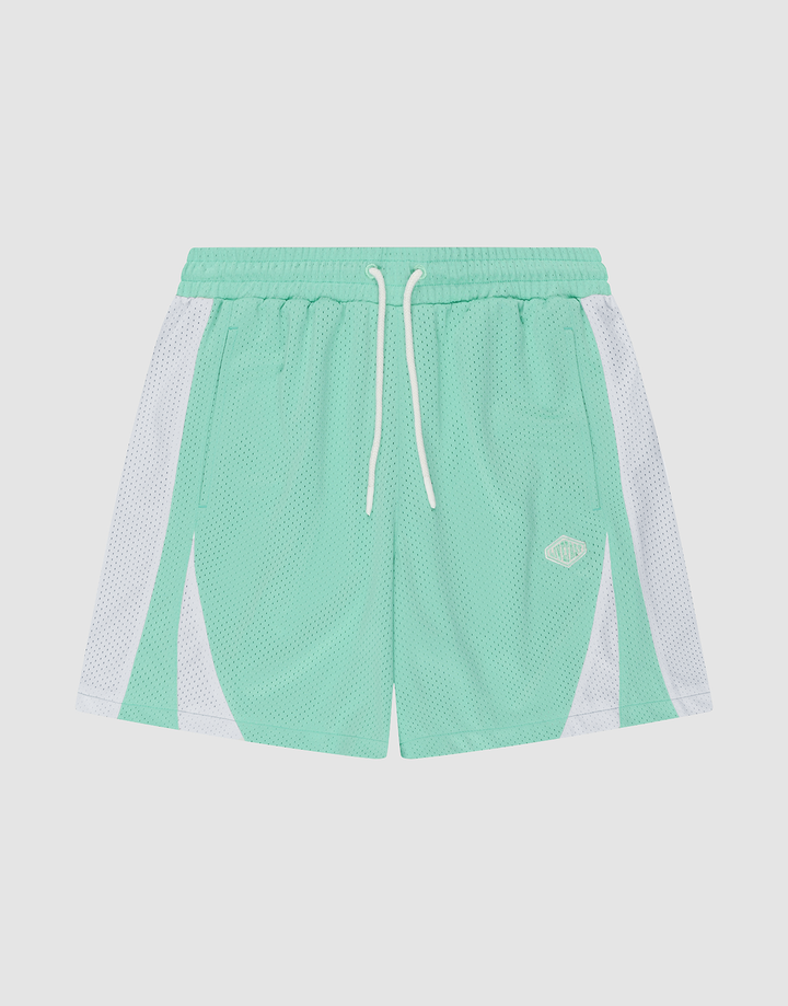 LIVE FAST DIE YOUNG Striped Mesh Shorts in mint green polyester feature white side panels, an elastic waistband with a white drawstring, and a small embroidered logo patch on the left leg, shown against a plain white background. | plain