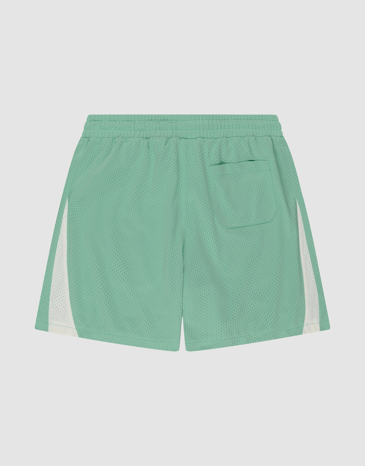 The LIVE FAST DIE YOUNG Striped Mesh Shorts are mint green athletic shorts made from 100% polyester, featuring white vertical panels, an elastic waistband, a right back pocket, and a logo patch. Regular fit shown flat against a plain background.