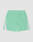 LIVE FAST DIE YOUNG Striped Mesh Shorts in light green feature a regular fit, polyester mesh, elastic waistband, right back pocket, and white vertical stripes. Back view shown flat on a white background.