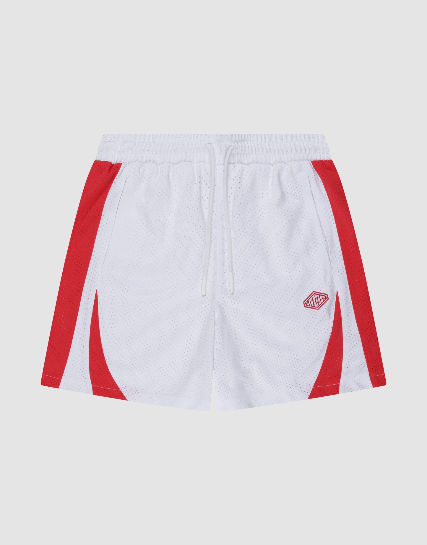 LIVE FAST DIE YOUNG Striped Mesh Shorts in white 100% polyester, with red side panels, a small logo patch on the left leg, and an elastic waistband with drawstring, shown against a plain light background.