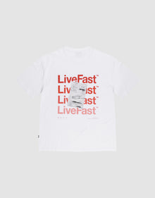 The Basic Evidence Tee by LIVE FAST DIE YOUNG is a white Oversize Fit shirt with a repeated red LiveFast™ backprint layered four times and a small black-and-white receipt graphic. Made from soft Baumwolle; shown on a plain light gray background. | plain