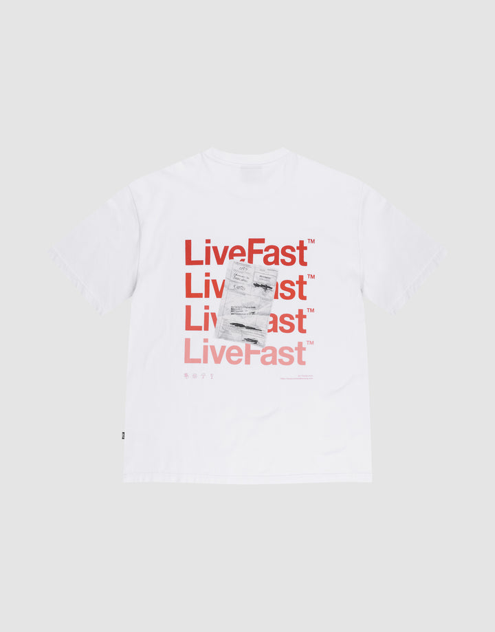 The Basic Evidence Tee by LIVE FAST DIE YOUNG is a white Oversize Fit shirt with a repeated red LiveFast™ backprint layered four times and a small black-and-white receipt graphic. Made from soft Baumwolle; shown on a plain light gray background. | plain