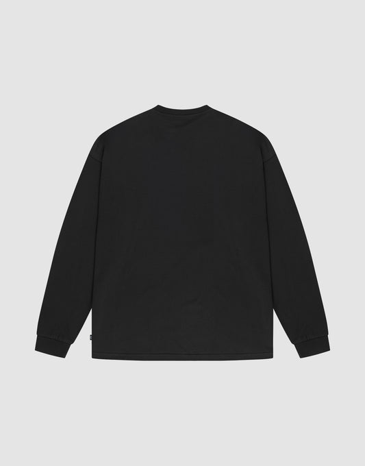 The LIVE FAST DIE YOUNG Basic Longsleeve, a black 100% Baumwolle shirt, is shown flat on a white surface. The back side features a crew neckline and ribbed cuffs.