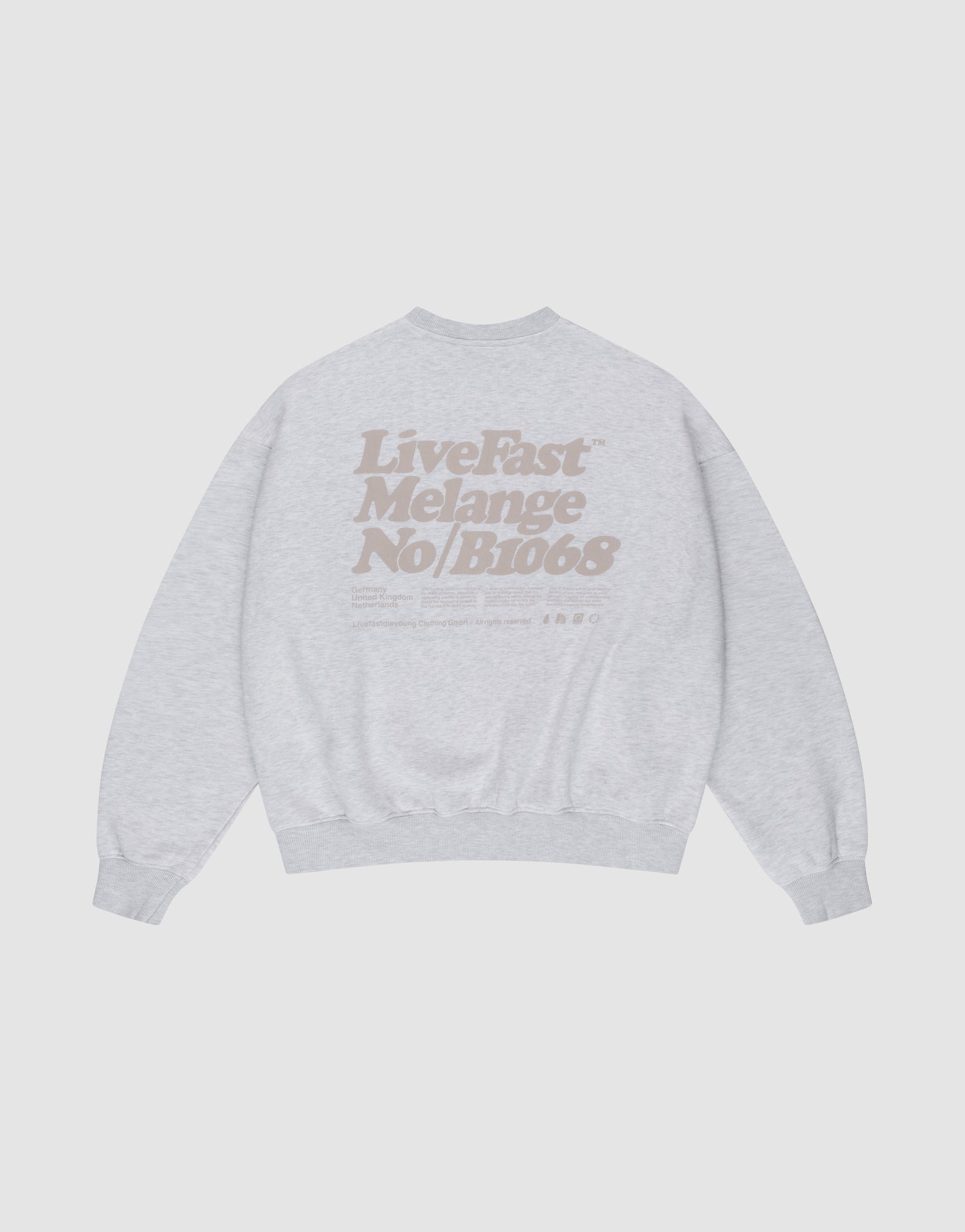 The Basic Melange Sweater by LIVE FAST DIE YOUNG is a light gray cotton sweatshirt with tan "Live Fast Melange No/B1068" backprint, crewneck, oversize fit, long sleeves, ribbed cuffs and hem, plus subtle front and backprint details. | plain
