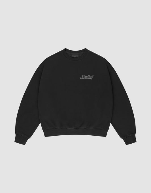 The LIVE FAST DIE YOUNG Basic Acid Sweater is a plain black, oversize-fit crewneck with long sleeves and a small white logo on the left chest, shown against a light gray background.