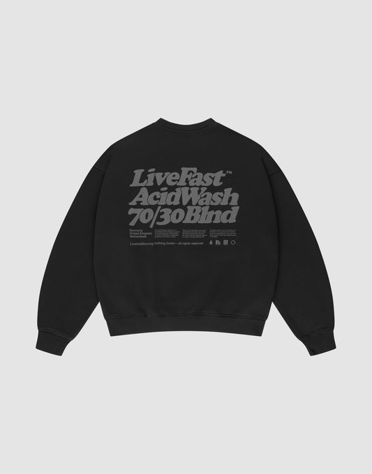 The Basic Acid Sweater by LIVE FAST DIE YOUNG is an oversized black sweatshirt with vintage wash, featuring bold gray “Live Fast Acid Wash 70/30 Blind” text and symbols on the back, plus front and back print on a light gray background. | plain