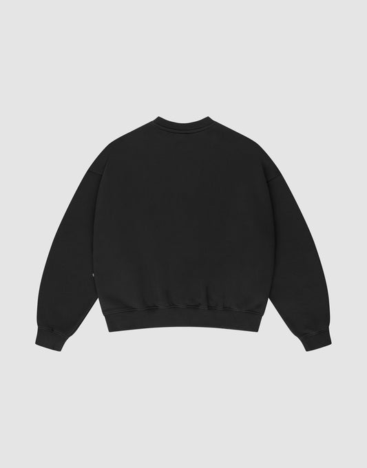 The Basic Blank Sweater by LIVE FAST DIE YOUNG is an oversize fit black crewneck, laid flat and viewed from the back on a light gray background. Made from a cotton-polyester blend, it has long sleeves with ribbed cuffs, collar, and hem.