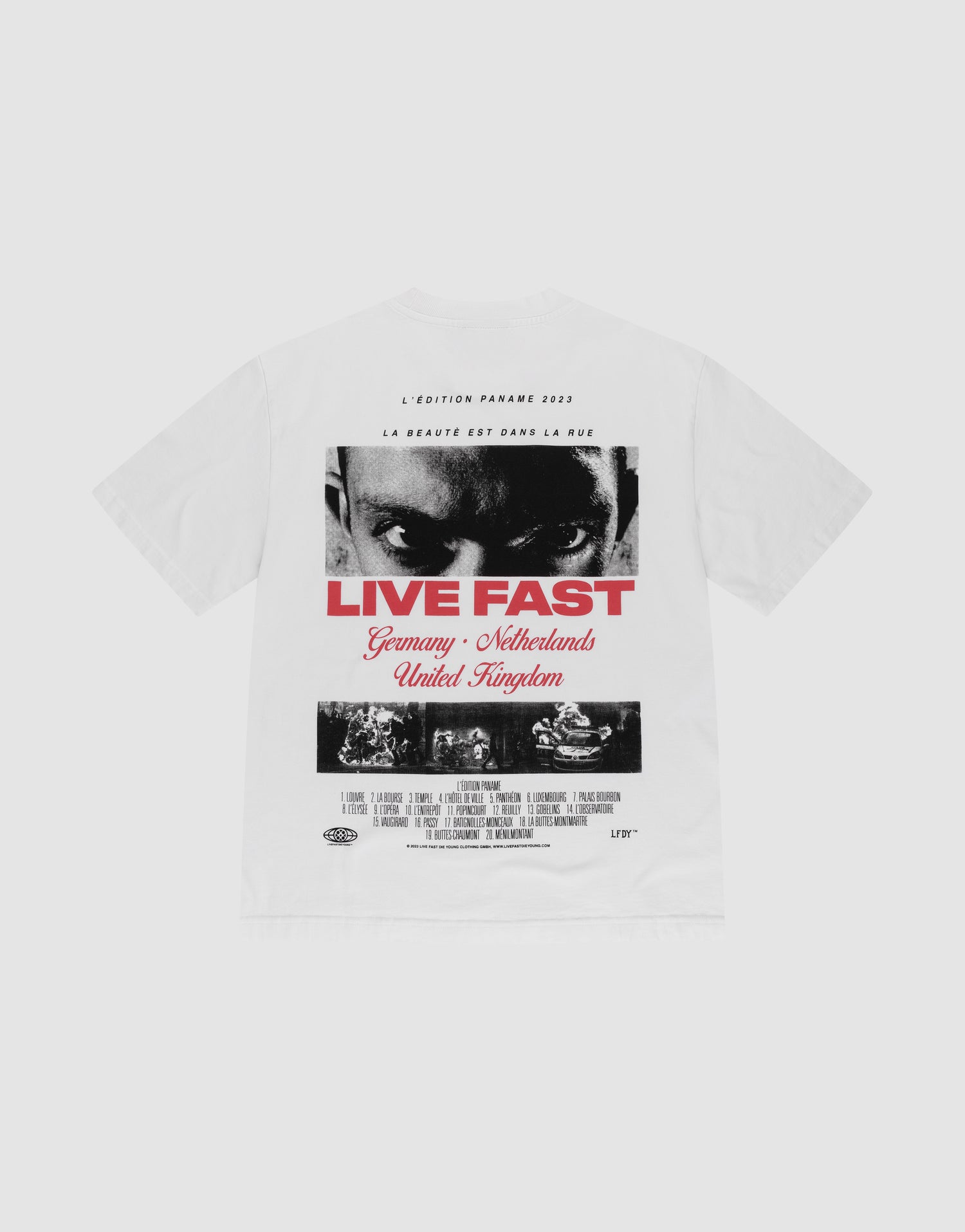 The LFDY Cinema Tee by LIVE FAST DIE YOUNG is an oversized white T-shirt made from 100% cotton, featuring intense eyes and red LIVE FAST text with detailed locations—Germany, Netherlands, United Kingdom—and bold front and back prints. | plain
