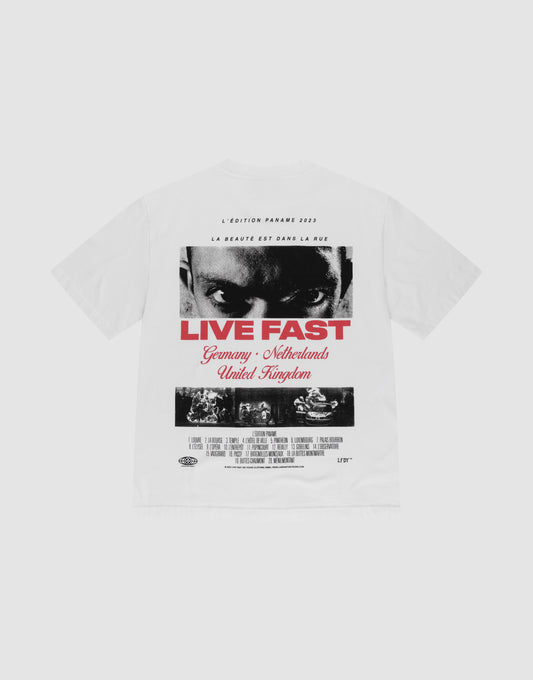 The LFDY Cinema Tee by LIVE FAST DIE YOUNG is an oversized white T-shirt made from 100% cotton, featuring intense eyes and red LIVE FAST text with detailed locations—Germany, Netherlands, United Kingdom—and bold front and back prints. | plain