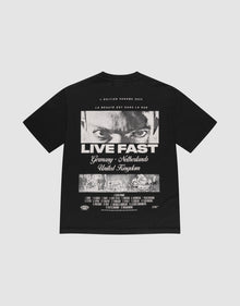 The LFDY Cinema Tee by LIVE FAST DIE YOUNG is an oversized black 100% cotton shirt with a front and back print—intense eyes, "LIVE FAST" graphic, film-style credits, French text above, plus countries and cities listed. | plain
