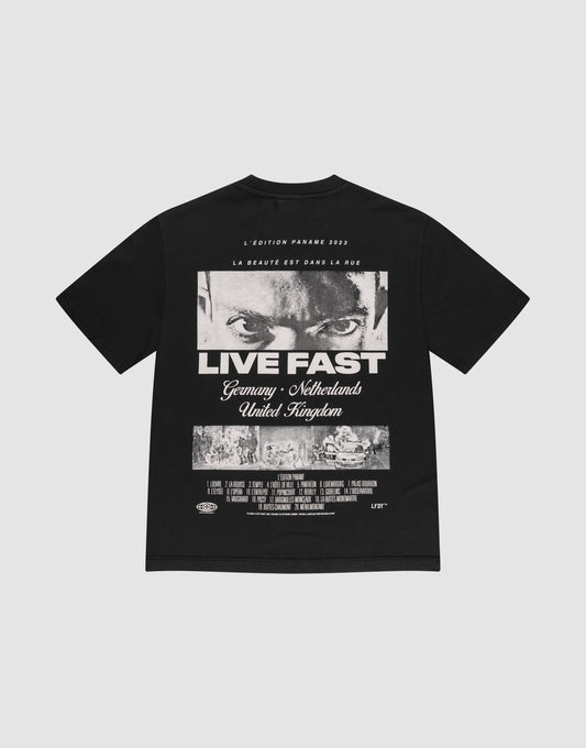 The LFDY Cinema Tee by LIVE FAST DIE YOUNG is an oversized black 100% cotton shirt with a front and back print—intense eyes, "LIVE FAST" graphic, film-style credits, French text above, plus countries and cities listed. | plain