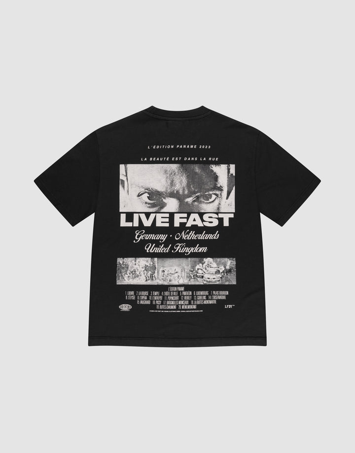 The LFDY Cinema Tee by LIVE FAST DIE YOUNG is an oversized black 100% cotton shirt with a front and back print—intense eyes, "LIVE FAST" graphic, film-style credits, French text above, plus countries and cities listed. | plain