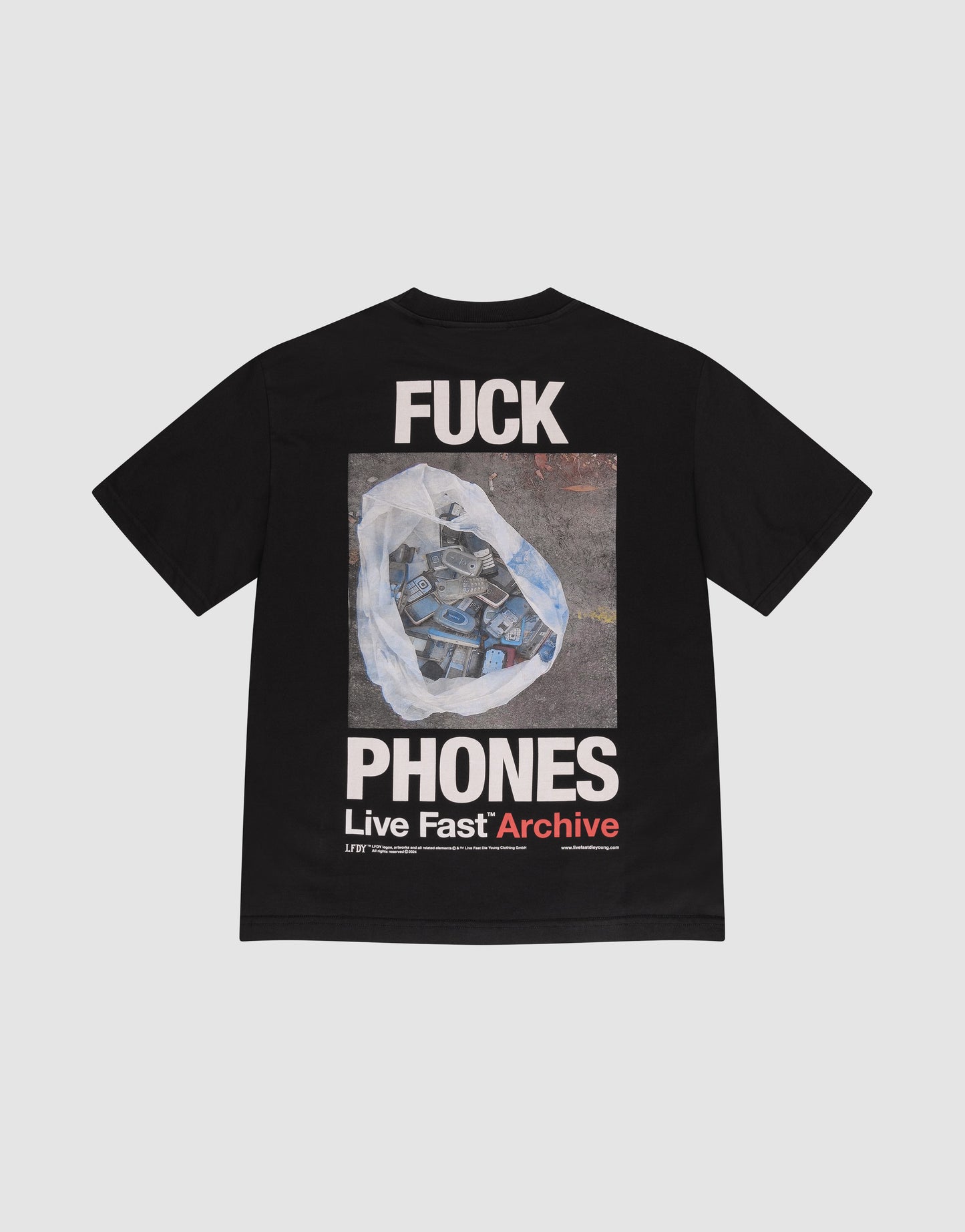 The LFDY F*ck Phones Tee by LIVE FAST DIE YOUNG is an oversized black cotton shirt featuring bold "F*CK PHONES" front and back prints with vintage phones in a plastic bag, plus "Live Fast Archive" in white and red at the hem.