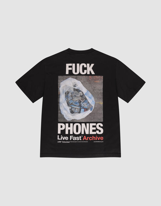 The LFDY F*ck Phones Tee by LIVE FAST DIE YOUNG is an oversized black cotton shirt featuring bold "F*CK PHONES" front and back prints with vintage phones in a plastic bag, plus "Live Fast Archive" in white and red at the hem. | plain