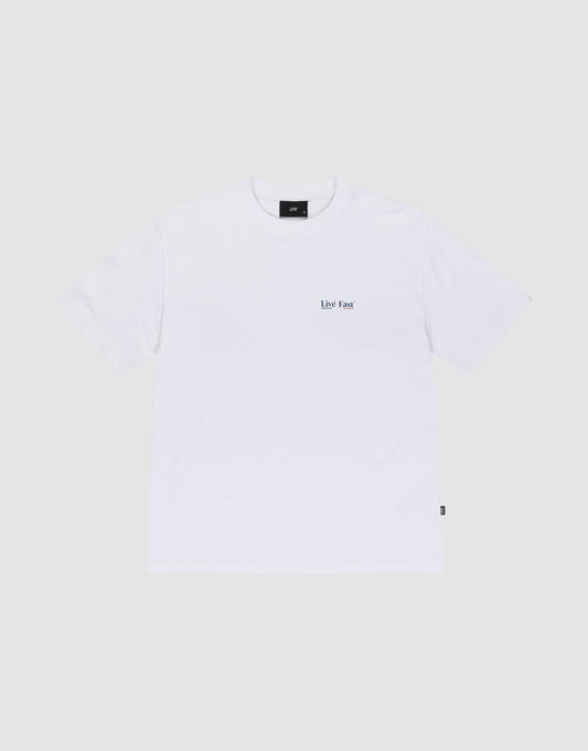 The Live Fast Paris Tee by LIVE FAST DIE YOUNG is a regular fit, short-sleeve white t-shirt made from 100% Baumwolle, featuring small black "Live Fast" text on the left chest, shown on a light gray background.