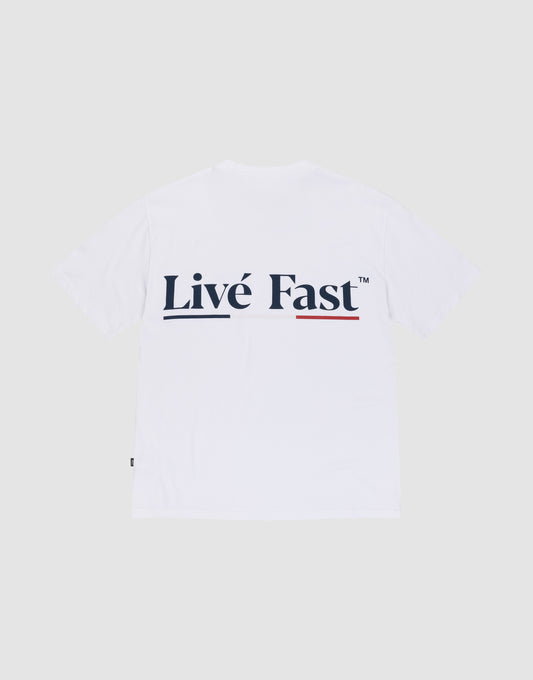 The Live Fast Paris Tee by LIVE FAST DIE YOUNG is a white Regular Fit T-shirt made from 100% Baumwolle, featuring bold black "Livé Fast™" with a red underline across the back and both front and back prints. | plain