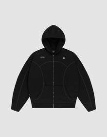 The LIVE FAST DIE YOUNG LFDY Active Fleece Hooded Zip is a black oversize hoodie with curved seam details and white logo prints on the left chest and right shoulder, shown on a plain light gray background. | plain