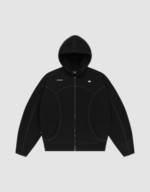 The LIVE FAST DIE YOUNG LFDY Active Fleece Hooded Zip is a black oversize hoodie with curved seam details and white logo prints on the left chest and right shoulder, shown on a plain light gray background. | plain