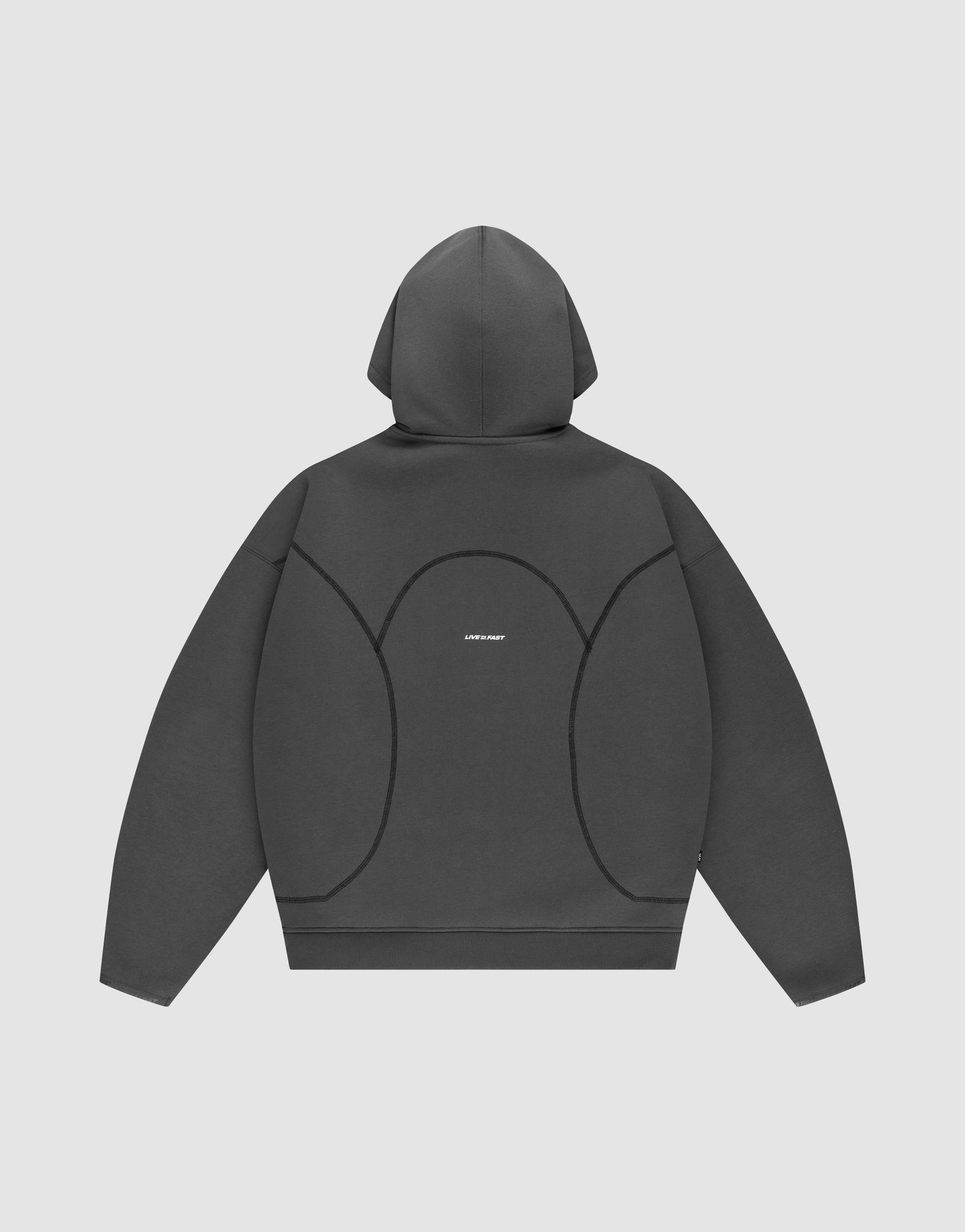A dark gray LIVE FAST DIE YOUNG LFDY Active Fleece Hooded Zip laid flat, showing the back with black curved seams, an oversized fit, and a small white logo at the center of the upper back.