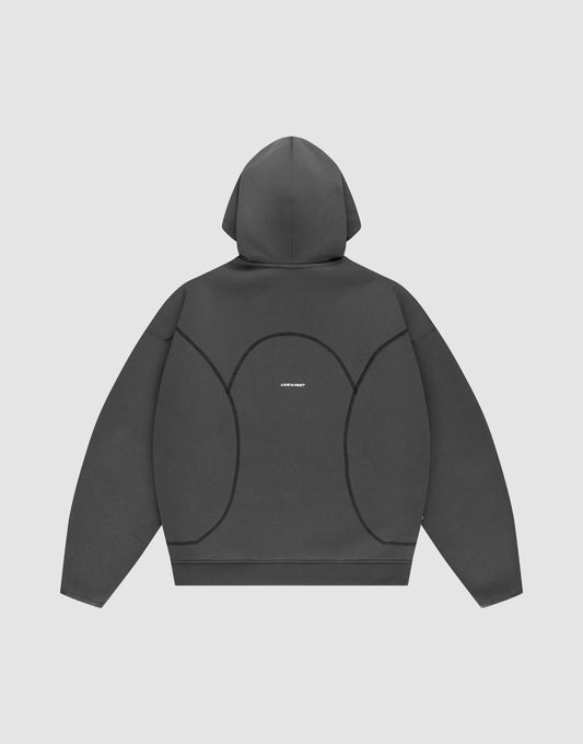 A dark gray LIVE FAST DIE YOUNG LFDY Active Fleece Hooded Zip laid flat, showing the back with black curved seams, an oversized fit, and a small white logo at the center of the upper back.