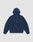The LFDY Active Fleece Hooded Zip by LIVE FAST DIE YOUNG is shown laid flat, back facing up. This navy blue oversized hoodie features curved black seams, a small white logo at the center, and is set on a light gray background.