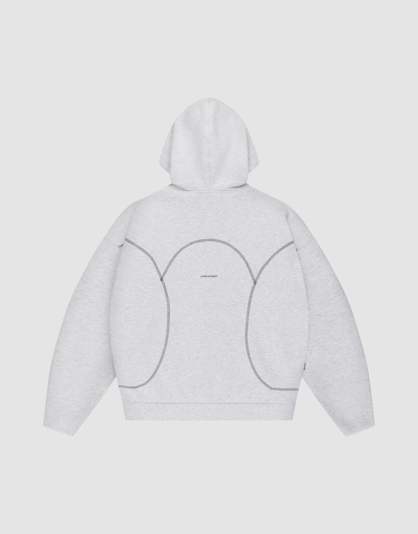 The LFDY Active Fleece Hooded Zip by LIVE FAST DIE YOUNG is shown from the back in light gray, with curved dark gray seam lines creating a symmetrical pattern and a small centered logo near the upper back. Made from soft cotton for all-day comfort.