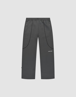 Dark gray LFDY Active Fleece Jogger by LIVE FAST DIE YOUNG featuring a wide fit, straight-leg design, zippered side pockets, curved seam details, and a small white logo on the upper left thigh, shown on a plain light background. | plain