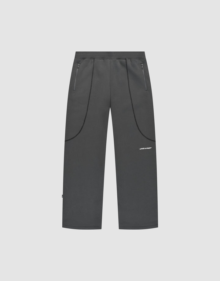 Dark gray LFDY Active Fleece Jogger by LIVE FAST DIE YOUNG featuring a wide fit, straight-leg design, zippered side pockets, curved seam details, and a small white logo on the upper left thigh, shown on a plain light background. | plain