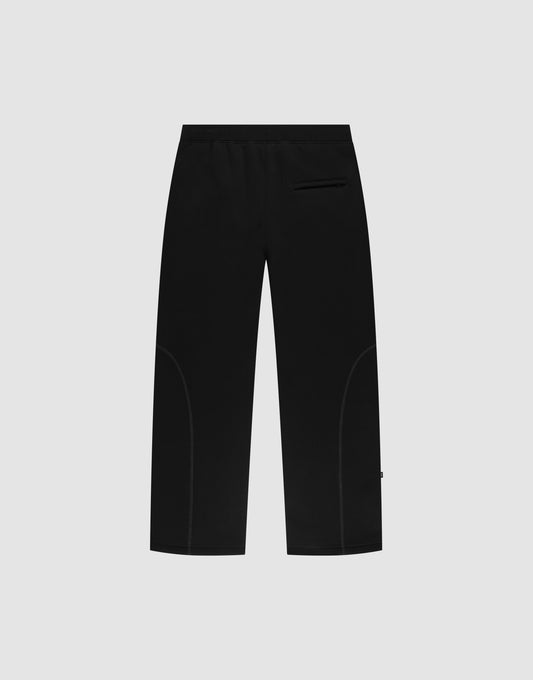 The LFDY Active Fleece Jogger by LIVE FAST DIE YOUNG features a black wide fit, straight legs, elastic waistband, right-side back pocket, and subtle seam detailing, shown against a light gray background.