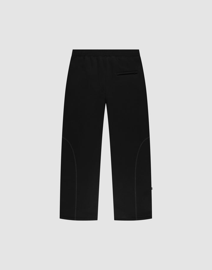 The LFDY Active Fleece Jogger by LIVE FAST DIE YOUNG features a black wide fit, straight legs, elastic waistband, right-side back pocket, and subtle seam detailing, shown against a light gray background.