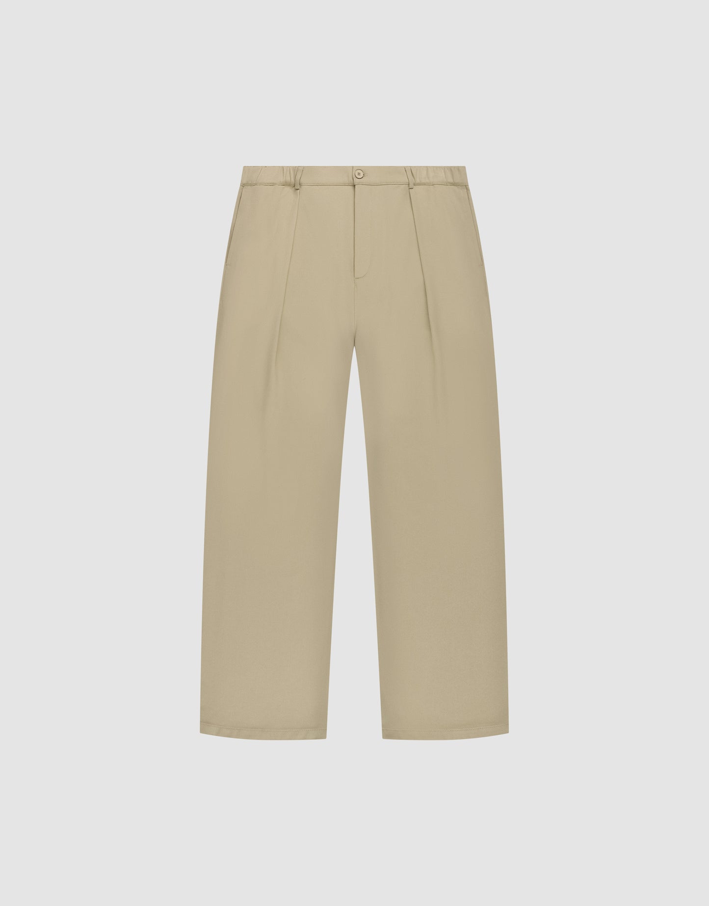 Die Wide Casual Pants von LIVE FAST DIE YOUNG in Beige mit hohem Bund, Frontfalten, Seitentaschen und Knopfverschluss vor weißem Hintergrund.