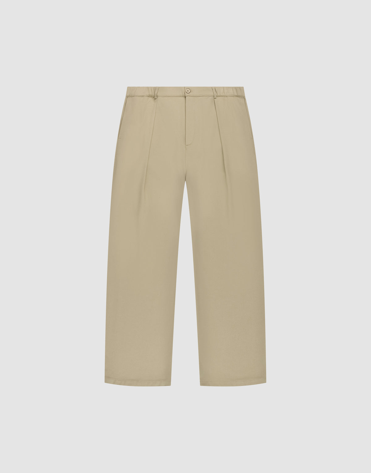 Die Wide Casual Pants von LIVE FAST DIE YOUNG in Beige mit hohem Bund, Frontfalten, Seitentaschen und Knopfverschluss vor weißem Hintergrund. | plain