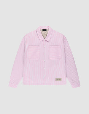 The LFDY Striped Padded Shirt by LIVE FAST DIE YOUNG is a long-sleeve, button-up Herren Hemdjacke with light pink and white vertical stripes, two chest pockets, and a small rectangular patch near the bottom hem. | plain