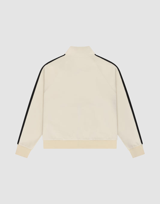 The LFDY Striped Track Jacket by LIVE FAST DIE YOUNG is cream-colored with black stripes along the raglan sleeves, a zipper closure, and ribbed cuffs and hem. Shown from the back against a plain light gray background.