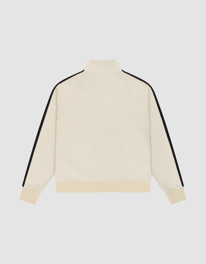 The LFDY Striped Track Jacket by LIVE FAST DIE YOUNG is cream-colored with black stripes along the raglan sleeves, a zipper closure, and ribbed cuffs and hem. Shown from the back against a plain light gray background.