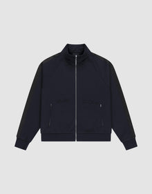 The LFDY Striped Track Jacket by LIVE FAST DIE YOUNG features a navy zip-up design with raglan sleeves, black side stripes, two front zip pockets, and subtle chest embroidery, laid flat on a light gray background. | plain