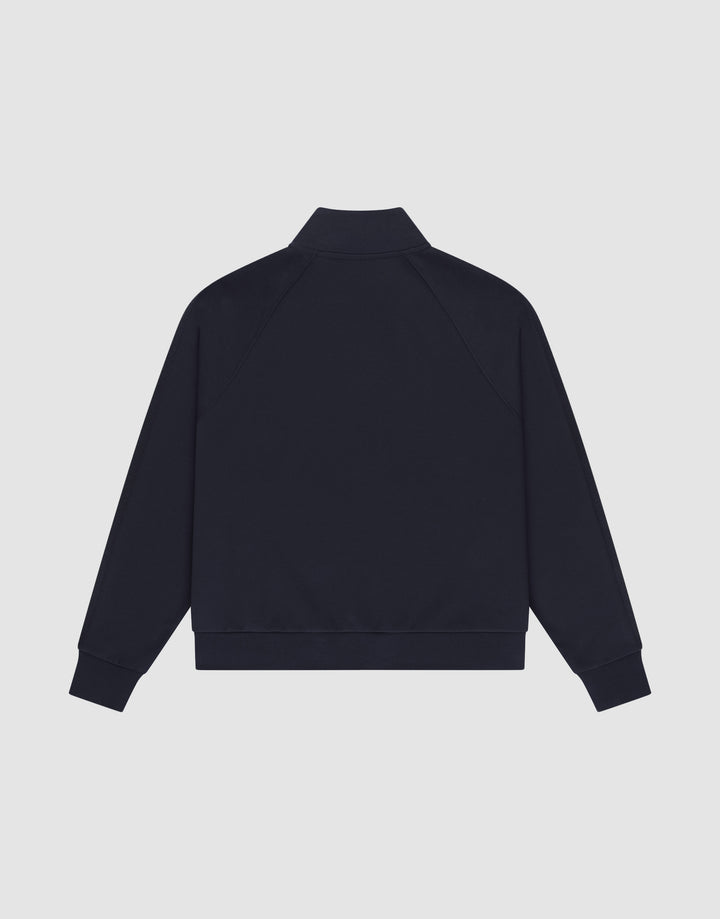 The LFDY Striped Track Jacket by LIVE FAST DIE YOUNG is shown from the back, featuring raglan sleeves, a collar, ribbed cuffs and waistband, zipped side pockets, and a minimalistic design on a light background.