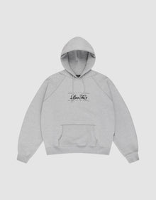 The LFDY Embroidery Hooded by LIVE FAST DIE YOUNG is a light gray regular fit hoodie with raglan sleeves, a front pocket, black "Slow Rhythms" chest logo, and a drawstring hood—shown flat on a white background. | plain