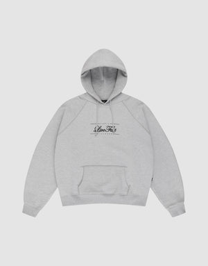 The LFDY Embroidery Hooded by LIVE FAST DIE YOUNG is a light gray regular fit hoodie with raglan sleeves, a front pocket, black "Slow Rhythms" chest logo, and a drawstring hood—shown flat on a white background. | plain