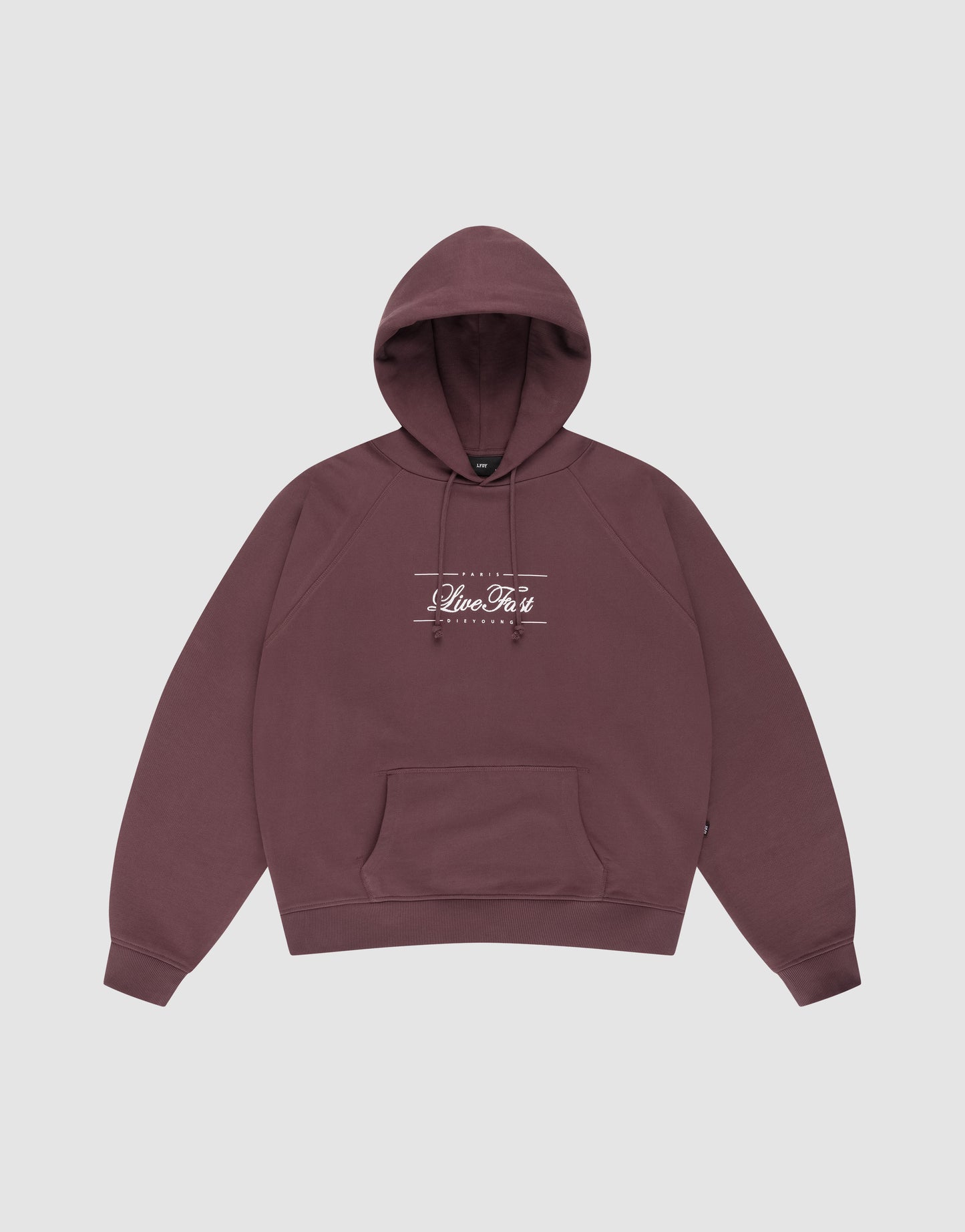 The LFDY Embroidery Hooded by LIVE FAST DIE YOUNG is a maroon, regular fit, 100% Baumwolle french terry hoodie with a front pocket and "Silver Firs Originals" in white script on the chest, shown against a plain light gray background.