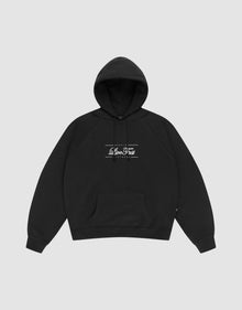 The LFDY Embroidery Hooded by LIVE FAST DIE YOUNG is a black regular fit hoodie made from 100% Baumwolle, featuring a front pocket and white Slice & Tea Originals print on the chest, shown on a plain light gray background. | plain