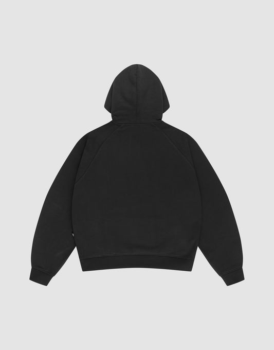The LFDY Embroidery Hooded by LIVE FAST DIE YOUNG is a plain black hoodie in a Regular Fit, shown flat from the back with long sleeves and no visible logos, crafted from 100% Baumwolle french terry for comfort and durability.